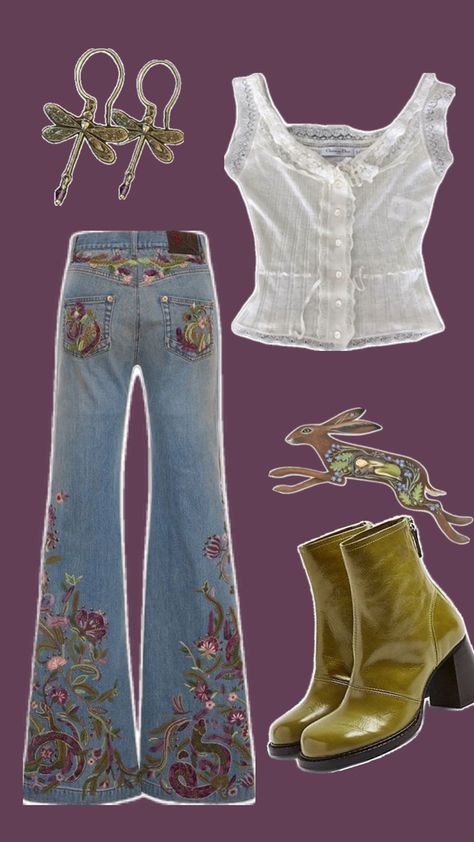 Blue Cottage Core Top Dragonfly Metal Earrings Flared Jeans with Flower Paches Green Heel Boots Green Heel Boots, Fairy Core Outfits, Blue Cottage, Green Heels, Hippie Outfits, Blue Outfit, Metal Earrings, Flared Jeans, Heel Boots