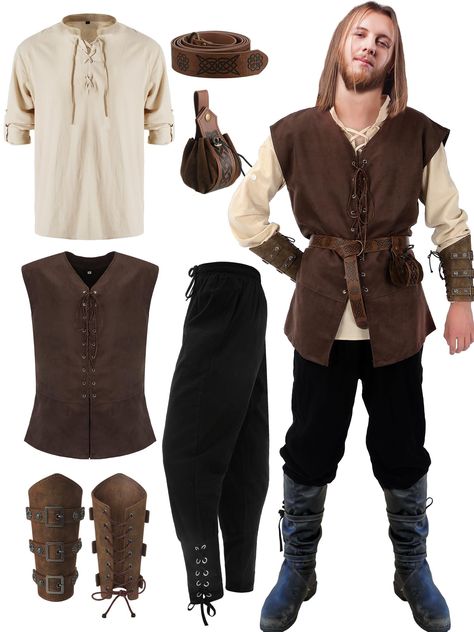 PRICES MAY VARY. Rich Matching: 6 pcs medieval renaissance costume men includes knight cotton linen sleeve shirt, renaissance pants, medieval pirate waistcoat, viking belt, Halloween faux leather arm guards, pouch, creating a medieval look, suitable for many styles, very suitable for a Halloween cosplay party Fits Size: our Halloween medieval shirt pant vest features a regular fit for an easy fit, adjustable ties at the ankle of the pant, low crotch and full leg for mobility and comfort, availab