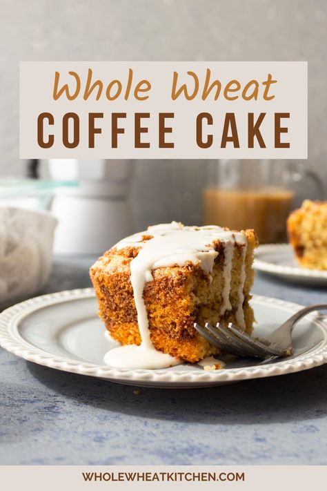 This whole wheat coffee cake recipe has a vanilla flavored, buttermilk cake with a layer of cinnamon streusel in the middle of the cake and on top, then drizzled with a cream cheese glaze. Wholesome Breakfast Ideas, Whole Grain Pancakes, Healthy Cakes, Streusel Cake, Buttermilk Cake, Coffee Cake Muffins, Oatmeal Cake, Cinnamon Streusel, Coffee Cake Recipe