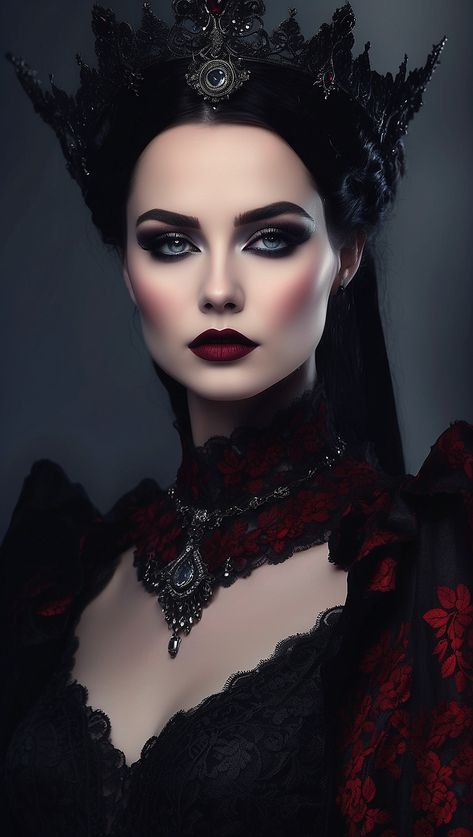 Gothic Bride Makeup Halloween, Lady Vampire Makeup, Queen Makeup Royal, Vampire Queen Makeup, Queen Makeup Halloween, Dark Queen Makeup, Hot Vampire Costume, All Black Costume, Vampire Queen Costume