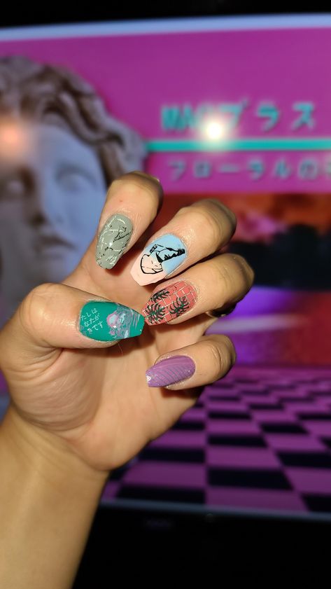 Vaporwave nail art! So proud of this set! #nails #nailsart Set Nails, Diy Nails At Home, So Proud, Diy Nails, Natural Nails, Nail Tips, Makeup Nails, Nails Inspiration, Class Ring