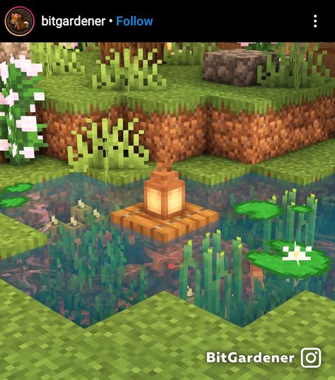 Minecraft On The Water House, Minecraft Light Ideas Outside, Waterfall Pond Minecraft, Minecraft Duck Pond, Minecraft Jungle Aesthetic, Minecraft Waterfall Design, Minecraft Flower Garden Design, Minecraft Glow Berries Farm, Minecraft Floating House Water