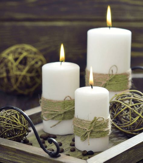 Add Earthy Elegance with Burlap and Twice Decorated Candles Ideas, Candles Aesthetic Cozy, Evergreen Candle, Decorated Candles, Candles Ideas, Centerpiece Christmas, Christmas Candle Decorations, Pottery Barn Inspired, Homemade Christmas Decorations