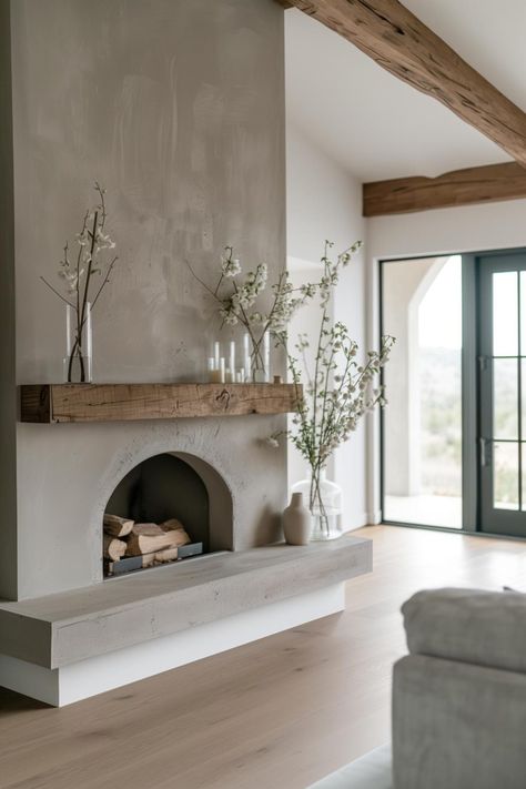 40 Farmhouse Fireplace Ideas for a Charming Home Hearth Plaster Fireplace Hearth, Cream Walls White Fireplace, Fireplace Rustic Ideas, Concrete Fireplace Living Room, Fireplace Minimalist Modern, 8ft Fireplace Wall, White Fireplace Surround Ideas, Minimalist Farmhouse Decor Living Rooms, Faux Wood For Fireplace