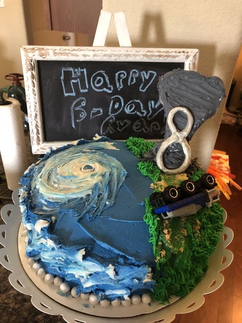 Tsunami, hurricane, tornado birthday cake Construction Birthday Party Food, Biology Project, Grad Cakes, Oklahoma Tornado, Trampoline Tent, Biology Projects, Tee Ideas, Ocean Birthday, Party Boy