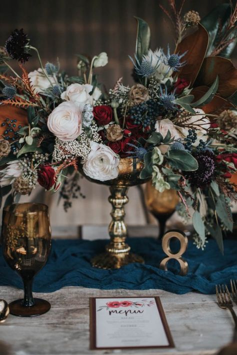 Get Your Moody Color Palette Inspiration from This Late Fall Wedding Shoot Vintage Wedding Centerpieces, Winter Wedding Centerpieces, Rustic Wedding Decorations, Flowers And Greenery, Fall Wedding Centerpieces, Wedding Floral Centerpieces, Moody Wedding, Fall Wedding Flowers, Wedding Centerpiece