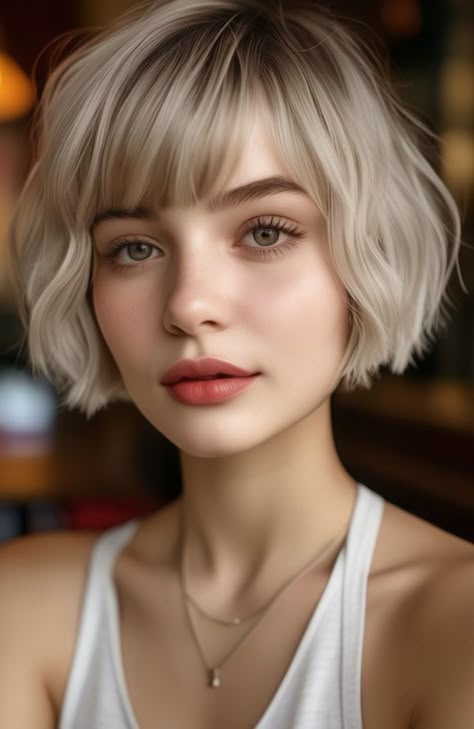 Ash Blonde French Bob with Soft Waves Textured French Bob With Bangs, Short Blonde Middle Part, Short Blonde French Bob, Messy French Bob With Bangs, French Bob Blonde Short Hair, French Bob With Bangs Blonde, French Bob With Bangs Over 50, French Bob Bangs, Blond Bob With Bangs