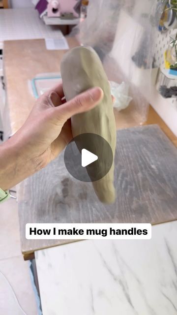 Glaze Me Pretty | Handmade Ceramics on Instagram: "There are so many ways of making handles! This is just how I do it ☺️ I roll a big lump of clay and cut into sections; I cut all the handles I'll be attaching that day. Then I pull them in groups of 5, hanging them from a table. Once those are attached to mugs, I pull the next 5 and repeat. Next reel will be how I attach the pulled handles to the mug bodies 🤓 #potterystudio #relaxingtime #satisfying #potterytechniques #potterytips #making #claycraft" Attach Handle To Mug, How To Make Pottery Mug Handles, Mug Handles Pottery How To, Pulled Handles Pottery, Making Handles For Pottery, Pottery Handles Ideas, Pottery Mug Handles, Clay Handles, Ceramics Plates