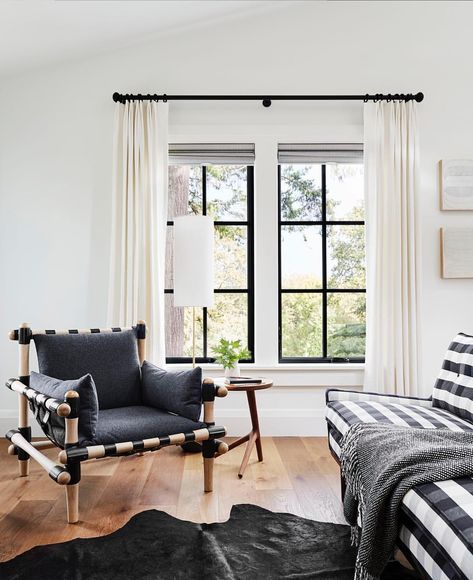 Drapery Apartment Lighting, Portland House, Living Room Drapes, Emily Henderson, Black Windows, Drapery Rods, Bedroom Windows, A Living Room, Formal Living Rooms