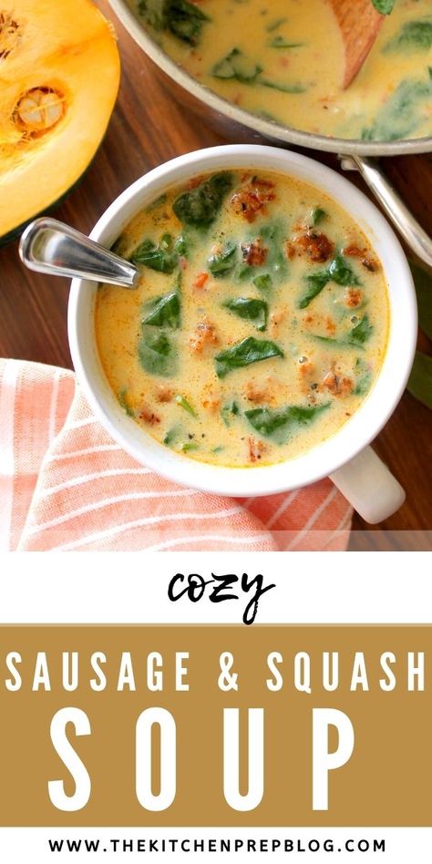 Sausage Squash, Acorn Squash Soup, Sausage Soup Recipes, Soup Creamy, Acorn Squash Recipes, Squash Soup Recipe, Fall Menu, Spinach Soup, Ground Sausage