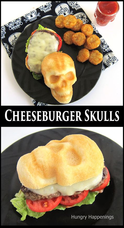 Cheeseburger skulls served on skull-shaped buns. Halloween Skull Appetizers, Skull Pan Food Ideas, Recipes For Skull Pan, Halloween Hamburger Ideas, Halloween Food Dinner Main Dishes, Halloween Dinner Meals, Easy Halloween Meals For Kids, Nordic Ware Skull Pan Recipes, Skull Shaped Food