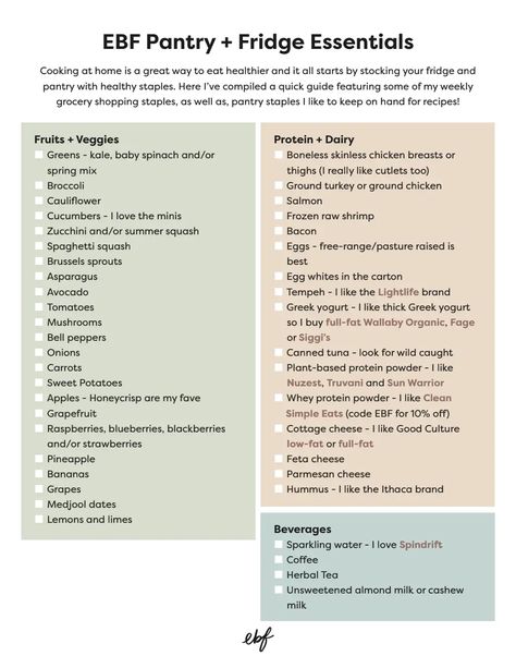 EBF Pantry & Fridge Essentials.pdf Fridge Essentials, Shrimp Zucchini, Green Kale, Food Planner, Chicken Cauliflower, Pantry Fridge, Ways To Eat Healthy, Spring Mix, Master List