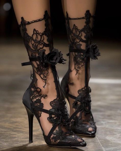 Goth Heels, Heels Aesthetic, Lace Heels, Lace Socks, Cute Heels, Creation Couture, Shoe Inspo, Black Lace Dress, Pretty Shoes