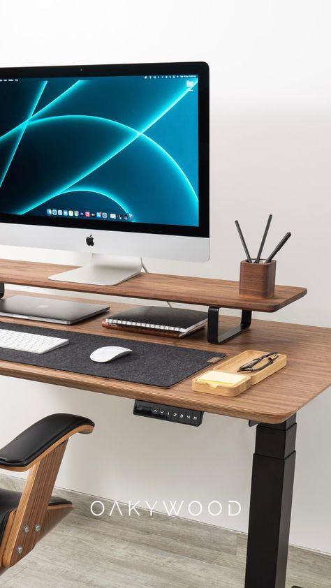 Minimalistic Desk, Elevated Desk, Sustainable Office, Smart Office, Desk Inspiration, Standing Desks, Study Areas, Black Furniture, Home Office Setup