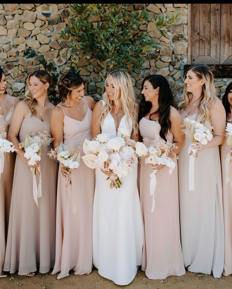 Light Pink Bridesmaids, Blush Pink Bridesmaids, Neutral Bridesmaid Dresses, Light Pink Wedding, Tan Wedding, Blush Bridesmaids, Champagne Bridesmaid Dresses, Bridesmaid Colors, Blush Bridesmaid Dresses