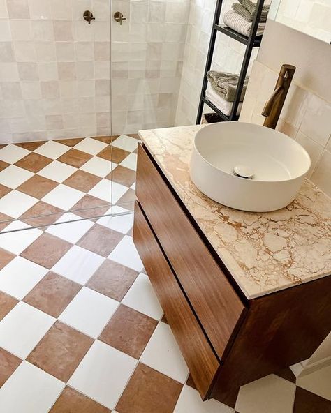 Checkerboard Bathroom Floor, Checkerboard Bathroom, Beach Tile, Boat Harbour, Brass Taps, Brick Cottage, Mid Century Modern Interior Design, Checkerboard Floor, Mid Century Modern Bathroom