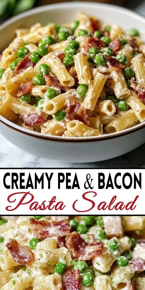 This Creamy Pea and Bacon Pasta Salad combines crispy bacon, tender peas, and perfectly cooked pasta, all tossed in a creamy, flavorful dressing. It’s the ultimate side dish for BBQs, picnics, or easy family dinners! 🌿✨ Tap to see the full recipe and make your own Creamy Pea and Bacon Pasta Salad today! 👈 #PastaSaladRecipe #CreamyPasta #EasyDinnerIdeas #BaconLovers #BBQRecipe #FoodieFavs #QuickRecipes #FamilyDinners #ComfortFood Winter Pasta Salad Recipes, Pasta With Peas And Bacon, Bacon Pea Salad, Pea Salad With Bacon, Bacon Pasta Salad, Salad Recipes With Bacon, Winter Pasta, Pea Salad Recipes, Creamy Peas