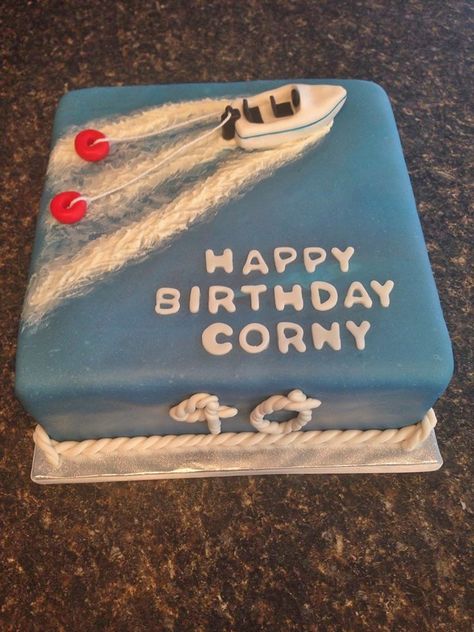 Boat tubing cake Cake Boat Birthday, Birthday Cake Boat Theme, Lake Themed Birthday Cake, Boat Theme Cake, Speed Boat Cake, Sailboat Birthday Cake, Boat Cakes For Boys, Lake Cake Ideas, Boat Cake Ideas