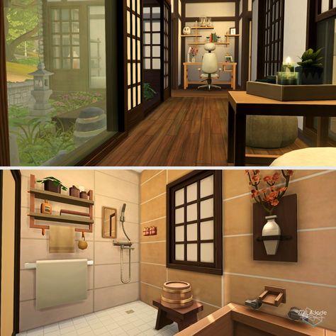 Sims 4 Interior Design Ideas Bathroom, Japanese Home Bloxburg, Japanese Bloxburg, Sims 4 Japanese House Layout, Japandi Sims 4, Japanese Sims 4, Asian Sims, Sims 4 Asian House, The Sims 4 Houses Ideas Japanese