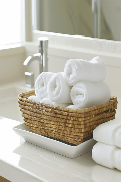 A rustic wicker basket filled with fluffy white towels, a perfect example of a farmhouse bathroom counter decor idea. Basket Towel Storage, Basket For Towels, Counter Styling, Warm Farmhouse, Counter Decor Ideas, Bathroom Counter Decor Ideas, Bathroom Towel Storage, Relaxing Home, Bathroom Counter Decor