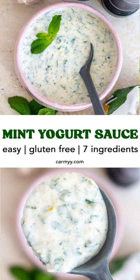 Made with only a handful of ingredients, this mint yogurt sauce is a quick and simple recipe you’ll want to make again and again. Creamy, refreshing, and flavorful, it’s perfect for serving with protein, vegetables, or bread.  If you need a versatile sauce, this mint yogurt sauce is one of my favorites. It’s easy to whip up in seconds and it goes with everything! Even better, since it’s made with Greek yogurt, you’ve got some extra protein added to your day! Mint Yoghurt Sauce, Japanese Appetizers, Mint Yogurt Sauce, Protein Vegetables, Roasted Garlic Aioli, Greek Yogurt Flavors, Mint Yogurt, Grilled Peppers, Extra Protein