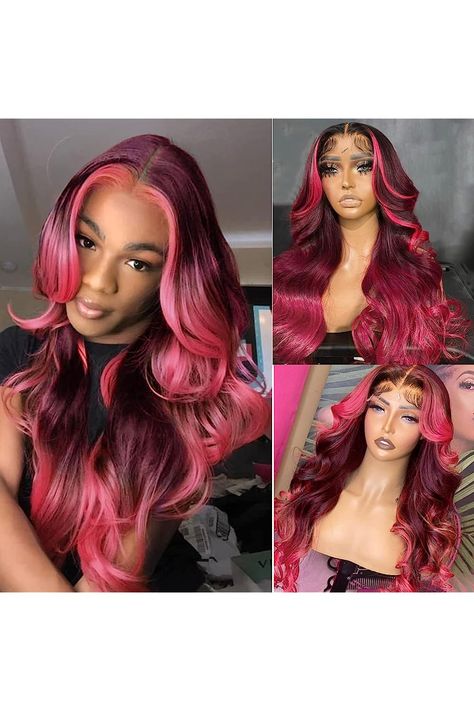 Pink Skunk Stripe Lace Front Wig Ombre Burgundy 13X4 Lace Frontal Human Hair Body Wave Red Highlight HD Transparent Lace Wig Glueless Pre Plucked with Baby Wave for Women 99J Burgundy and Pink Wigs With Streaks 20 Inch 150% Density Skunk Stripe Lace Front Wig, Pink Skunk Stripe, Pink Wigs, Burgundy Highlights, Ombre Burgundy, Skunk Stripe, Hair Shedding, Red Highlights, Pink Wig