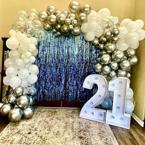 Blue. Balloons garland grey ballons white balloons number backdrop party decorations 21 twenty one photo backdrop Light Blue 21st Birthday Decorations, Blue 21st Birthday Decorations, Curtain Lights Backdrop, Lights Backdrop, 21st Decorations, 21st Ideas, Silver Balloons, Birthday Background Design, Silver Garland