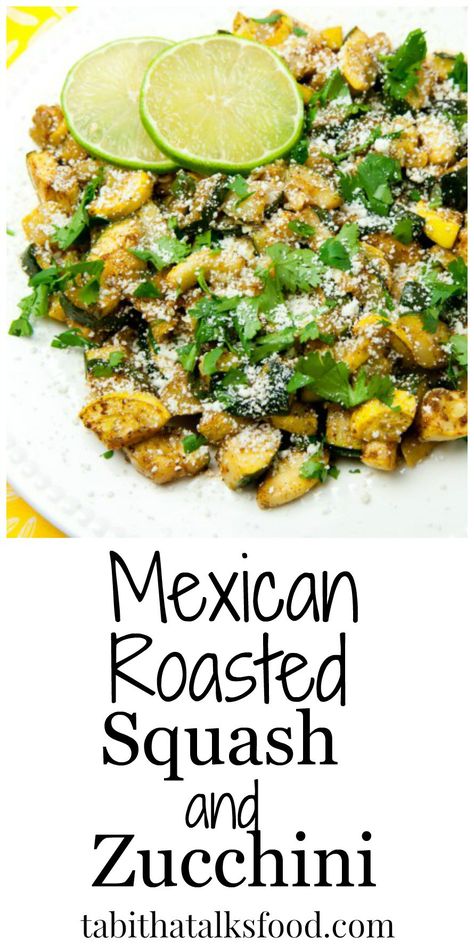 Roasted squash and zucchini never tasted better when topped with cotija cheese, lime juice and cilantro! On your table in 30 minutes! Roasted Squash And Zucchini, Mexican Squash, Mexican Zucchini, Tartiflette Recipe, Squash And Zucchini, Mexican Side Dishes, Lamb Stew, Roasted Squash, Squash Recipes