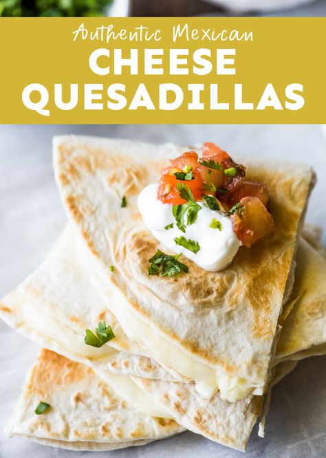 Cheese Quesadillas are so easy to make! This classic recipe takes minutes to prepare and uses authentic Mexican cheeses. Serve with guacamole and salsa for the best snack ever! #cheesequesadillas #quesadillas Easy Cheese Quesadilla, Chunky Salsa Recipe, Cheese Quesadilla Recipe, Cheese Quesadillas, Quesadilla Recipe, Homemade Flour Tortillas, Vegetarian Mexican, Mexican Dinner Recipes, Cheese Quesadilla