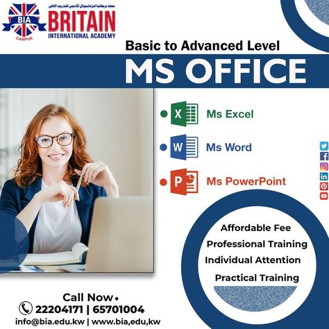 Are you planning to apply for the position of 👩‍💼Office Secretary? We have the right course and training ✅ for you to add to your CV with hands-on #training & practical sessions, Weekend and Weekdays classes. 📲💁‍♂️💁 22204171, 65701004 | 📧 info@bia.edu.kw #microsoftoffice #microsoftexcel #office #excel #technology #powerpoint #presentation #professionalsoftware #word #courseexcel #excelbasic #slidepresentation #kuwait #q8 #officemanagement #advanceexcel #Advancemsoffice #cv #pivottable Computer Course Poster, Excel Training, Office Training, Student Skills, Basic Computer, Photoshop Course, Word F, Typing Skills, Microsoft Office Word