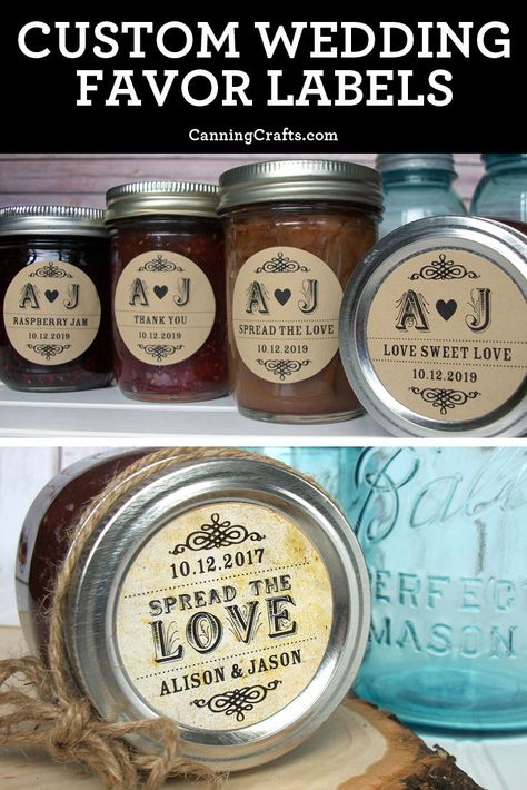 Custom rustic & vintage wedding jam jar favor labels | Customized Spread the Love, Love is Sweet, Meant to Bee wedding labels print with bride & groom names & date | These mason jar stickers are perfect for country cottage chic weddings | Shop for more wedding labels on CanningCrafts.com | #weddingfavors #rusticwedding #vintagewedding #diywedding #weddingideas #weddinginspiration #weddingreception #bridalshowerfavors #CanningCrafts Wedding Favor Jam Jars, Jam Jar Wedding Favours, Jelly Gift, Jam Wedding Favors, Jam Jar Labels, Jam Favors, Mason Jar Wedding Favors, Wedding Jars, Wedding Favour Jars