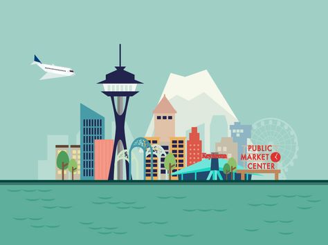 Seattle Illustration by Joe Choi Seattle Skyline Drawing, Wanderlust Decor, Seattle Travel, Seattle City, Greenery Decor, City Illustration, Travel Wall Art, Travel Inspired, Botanical Wall Art