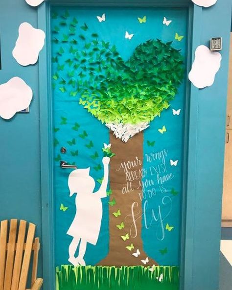 Classroom Door Ideas, Your Wings Already Exist, Spring Classroom Door, Preschool Door, Positive Classroom Environment, Fall Classroom Decorations, School Door Decorations, Spring Classroom, Teacher Doors