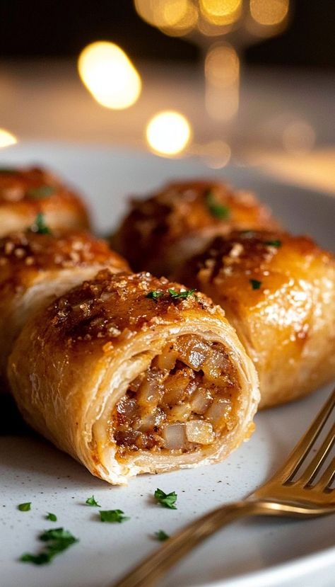 These Savory French Onion Sausage Rolls are the ultimate comfort food for fall! Wrapped in flaky pastry, they combine flavorful sausage and caramelized onions, making them perfect for cozy evenings. Great as an appetizer or main dish, they’re a delicious addition to your fall dinner ideas. Enjoy these rolls warm for a delightful experience that captures the essence of fall! French Onion Crescent Rolls, Savory Flavor Combinations, Savory Winter Appetizers, Paul Hollywood Sausage Rolls, Stuffed Pastry Savory, Pioneer Woman Sausage Rolls, Savory Cinnamon Recipes, Vegan Sausage Roll, Christmas Entrees Appetizers