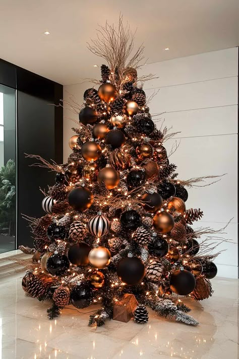 60 Beautiful Brown Christmas Tree Decorations for a Warm, Elegant Holiday Black Brown White Christmas Tree, Black And Brown Christmas Tree Decor, Chocolate Brown Christmas Tree, Black Bear Christmas Tree, Christmas Tree Black Decorations, Black And Brown Christmas Tree, Modern Black Christmas Tree, Brown Christmas Tree Decor, Brown Ornaments Christmas Tree