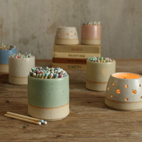 Match Striker Pot With Matches in Mint Green - Etsy Long Matches, Clay Candle, Match Striker, Pottery Candle, Match Holder, Match Stick, Wood Burner, Color Glaze, Handcrafted Ceramics