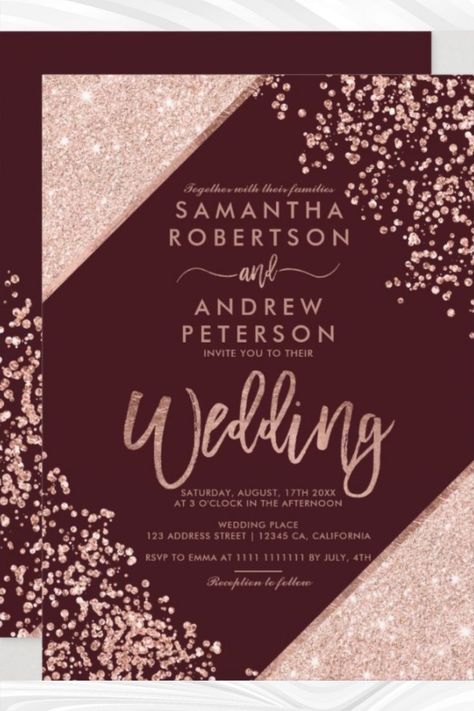 Rose Gold Glitter Confetti Chic Burgundy Wedding Invitation Wedding Chart, Gold And Burgundy Wedding, Lawn Wedding, Rose Gold Wedding Invitations, Gold Glitter Confetti, Rose Gold Invitations, Navy Blue Wedding Invitations, Emerald Green Weddings, Burgundy Wedding Invitations