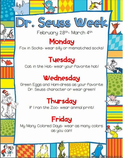 Dr Suess Daycare Theme, Dr Seuss Day Ideas, Dr Seuss Week Activities Preschool, Dr Suess Week Preschool Outfits, Dr. Seuss Week, Dr Seuss Spirit Week Ideas, Dr Seuss Dress Up Days, Dr Seuss Week Preschool, Dr Seuss Week Ideas