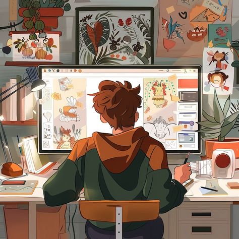 Desk Illustration Drawing, Art Nerd Aesthetic, Animation Workspace, School Illustration Art, Animation Job, Graphic Design Workspace, Desk Illustration, Digital Workspace, Artist Workspace