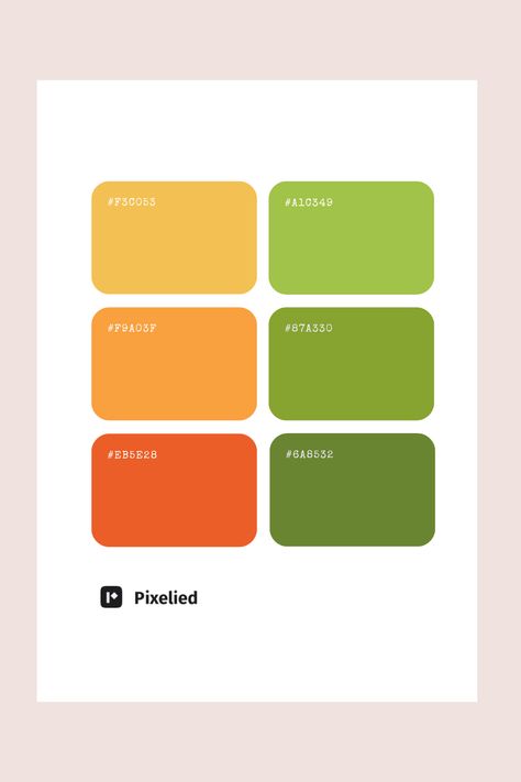 This Orange and Green Pastel color palette features warm, vibrant shades of orange and yellow, complemented by earthy greens. Ideal for energetic and nature-inspired designs, it combines warmth with a touch of freshness. Matcha Pallete Color, Green And Orange Pallet Color, Green Palette Pastel, Red Orange And Green Color Palette, Green And Yellow Pallet Color, Yellow Green Pallete, Color Pallete Green Orange, Green Tea Color Palette, Fresh Green Color Palette