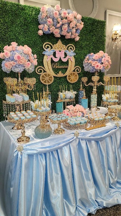 Blue And Gold Quince Cake, Disney Sweet 16 Ideas, Blue And Pink Quinceanera Theme, Princess Royalty Quinceanera Theme, Cinderella Quinceanera Decorations, Cinderella Quinceanera Themes Decoration, Cinderella Baby Shower Ideas, Cinderella Sweet 16 Ideas, Cinderella Dessert Table