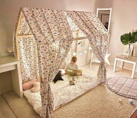 Dealtops Tent Floor Bed 🔆 #MontessoriBed #ChildFurniture #ToddlerRoomDecor #NaturalMaterials #WoodenToys #KidsRoomInspiration #MontessoriHome #EcoFriendlyKids #ToddlerSleep #ParentingIdeas Tent For House Bed, Montessori Bed Teepee, Childrens Bed With Canopy, Play Tent Decor, House Bed Canopy Ideas, Diy House Bed Canopy, Canopy House Bed, Montessori House Bed Decor, Toddler House Bed Girl