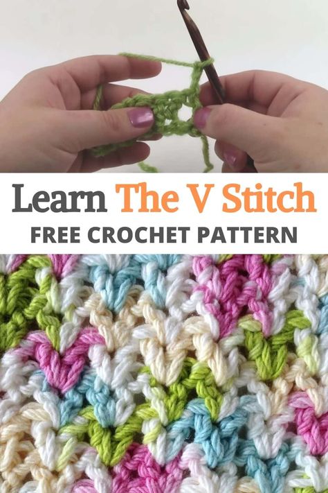 Learn The V Stitch Free Crochet Pattern How To Crochet V Stitch, Crochet V Stitch Tutorial, V Stitch Crochet Blanket Pattern Free, V Stitch Crochet Blanket Pattern, Crochet V Stitch Pattern, V Crochet Stitch, Crochet V Stitch, Blanket Stitch Tutorial, V Stitch Crochet