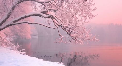 Winter desktop wallpaper with snow covered lake with pink reflections. Pink Winter Desktop Wallpaper, Pink Christmas Computer Background, Cozy Winter Aesthetic Wallpaper Desktop, Cute Winter Desktop Wallpaper, Horizontal Winter Wallpaper, Pink Winter Wallpaper Laptop, Winter Wallpaper Horizontal, Winter Background Wallpapers Desktop, Winter Aesthetic Wallpaper Desktop