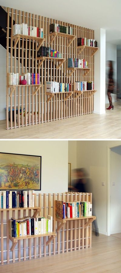 This Custom Designed Shelf System Is Used To Store Books And Act As A Guard Rail For The Staircase Guard Rail, Diy Room Divider, Shelf System, Woodworking Business, Decor Ikea, Store Books, Partition Wall, Wood Shelf, Woodworking Wood