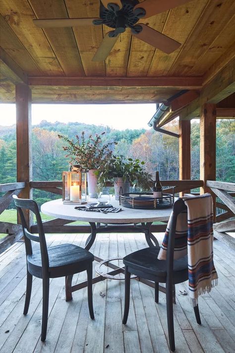 RX_1910_Fishing Cabin_Porch Dining Table 1950s Cabin, Small Porch Ideas, Brick Porch, Cabin Porch, Blue Patio, 1950s House, Shenandoah Valley, Natural Selection, House Hunters