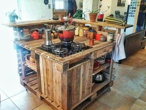 Pallet Mobile Kitchen Island Pallet Desks & Tables Pallet in the Kitchen Pallet Island, Pallet Kitchen Island, Island With Stove, Kitchen Island With Stove, Mobile Kitchen Island, Pallet Kitchen, Kitchen Island Plans, Kabinet Dapur, Kitchen Island Table