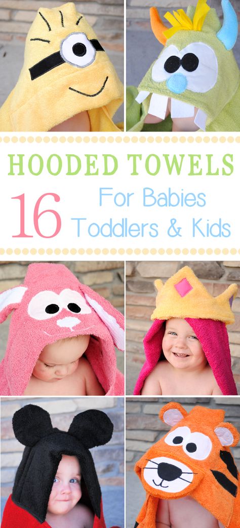 Here are 16 hooded towels for kids and babies with tutorial and patterns. From Sharks to Lions and Bunnies to Princesses,. Hooded Towels, Hooded Baby Towel, Sew Ins, Trendy Sewing, Baby Sewing Projects, Towels Kids, Baby Projects, Hooded Towel, Sewing Projects For Beginners