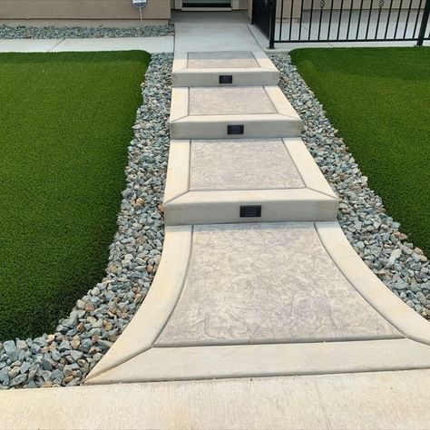 Easy Landscaping Front Yard, Modern Landscape Design Front Yard, Concrete Front Steps, Front Walkway Landscaping, Front Yard Walkway, Front Yard Flowers, Concrete Backyard, Concrete Patio Makeover, Walkway Landscaping