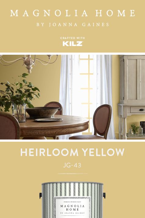 You don’t have to stick to neutral color palettes to create a timeless design style in your home. Heirloom Yellow, from the Magnolia Home by Joanna Gaines® Paint collection, is a soft shade of yellow that’s sure to brighten up any room. Click below for full color details to learn more. Vanilla Yellow Color, Magnolia Yellow Paint Colors, Neutral Gold Paint Colors, Earthy Yellow Paint Colors, Perfect Yellow Paint Color, Behr Gold Paint Colors, Yellow Entryway Walls, Soft Gold Paint Colors, Yellow Paint For Kitchen